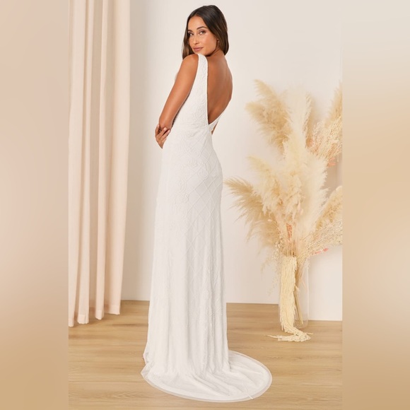 Lulus-Cherished Destiny White Sequin Beaded Mermaid Maxi Dress (Small) - Picture 4 of 6